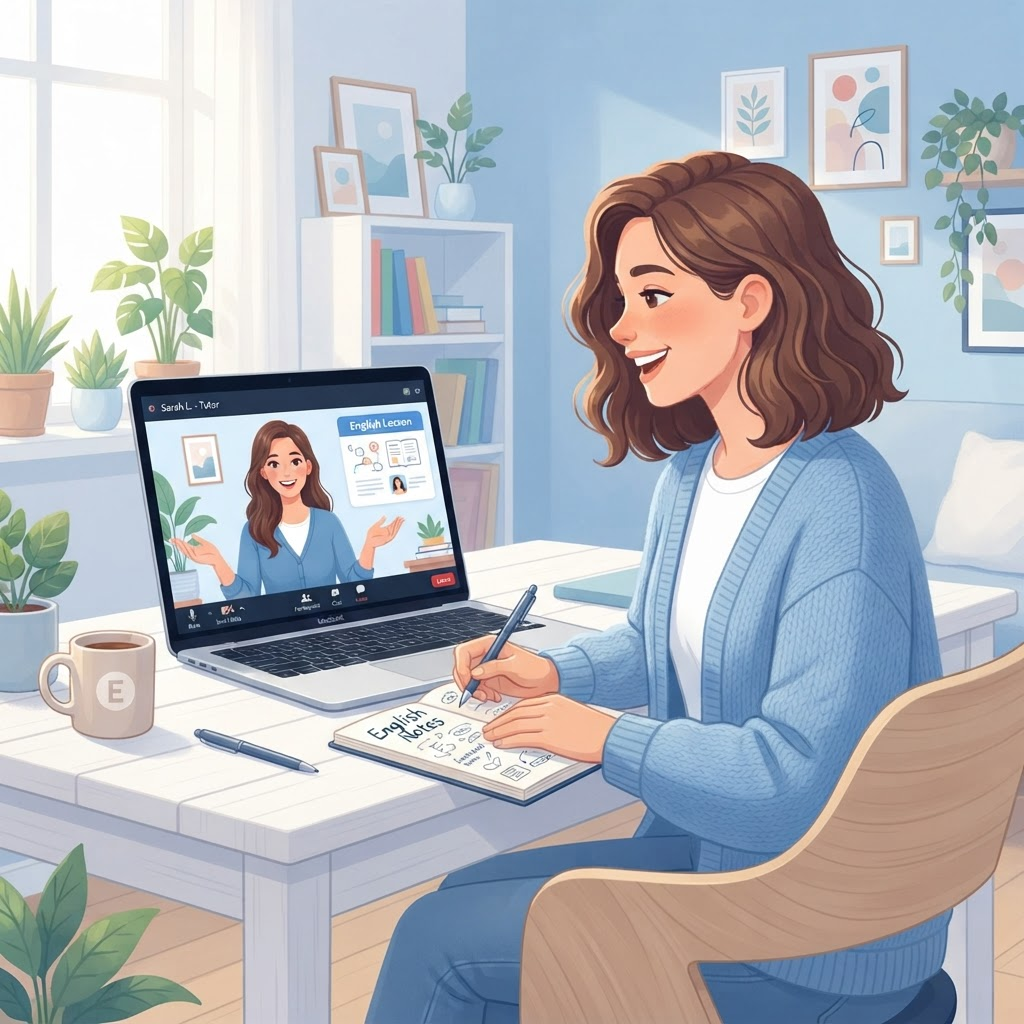 A learner having a live video English lesson on a laptop